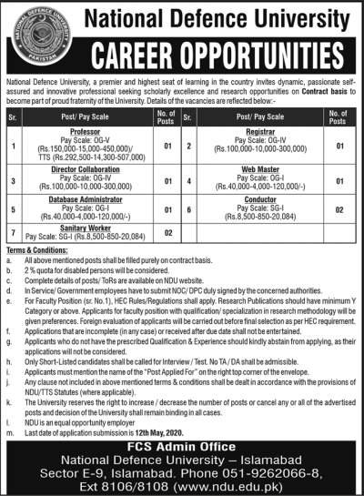 NDU Jobs 2020 National Defence University Islamabad Application Form Advertisement