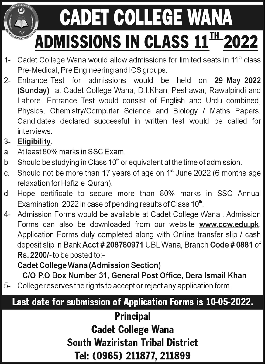 Cadet College Wana Admission 2022 1st Year Admission Form
