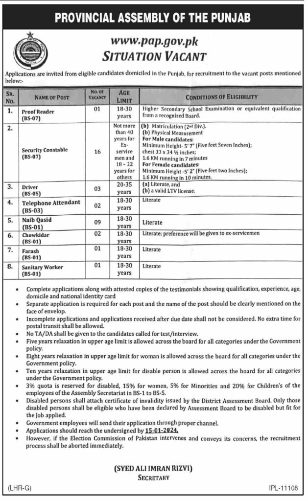 Punjab Assembly Jobs 2024 Application Form